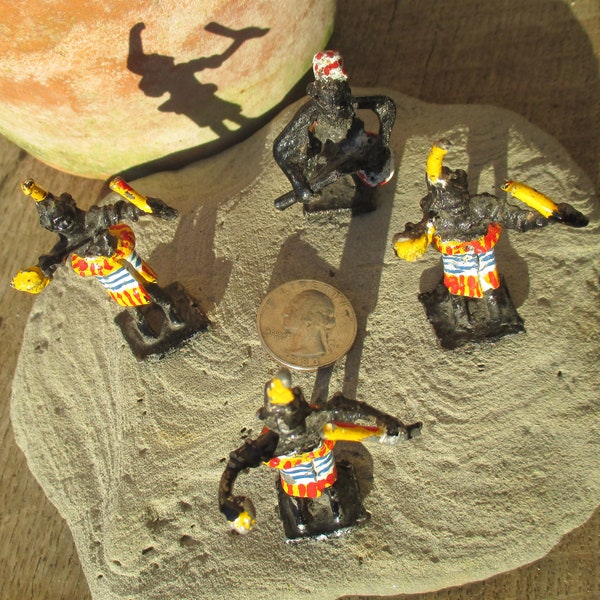 African artisan figurines, 4 handmade hand painted metal musicians, musical group - drummer and three percussionists