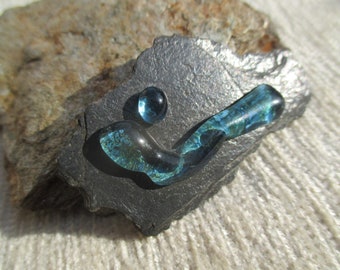 70s artisan brooch, fused glass on slate, handmade brutalist, signed R. Mégnin