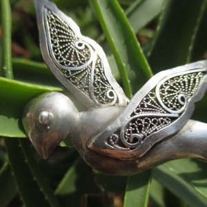 60s sterling silver filigree bird brooch, stylized handmade flying animal pin, tested, unreadable hallmark