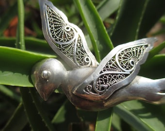60s sterling silver filigree bird brooch, stylized handmade flying animal pin, tested, unreadable hallmark
