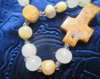 Heavy agate rosary necklace, artisan hand carved beads with cross