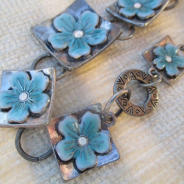 IKITA flower choker necklace set, signed enamel earrings and choker, flowers  on silver tone metal with patina, French couture Paris chic