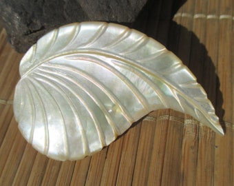 30s dress clip, art deco MOP mother of pearl hand carved leaf, large size - distressed clip mechanism