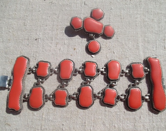 Heavy runway SCOOTER set, satin coral pink enamel on patina'd silver tone metal