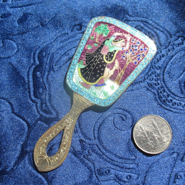 Ethnic miniature mirror, mini cloisonné guilloche scene of dancing woman and deer in nature, Rajasthan ?