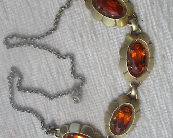 Quality choker necklace with topaz glass rhinestones, gold tone with silver tone chain