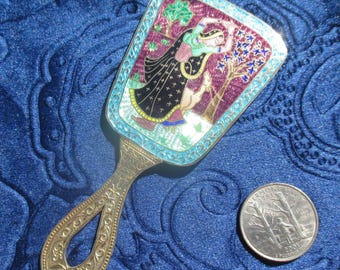 Ethnic miniature mirror, mini cloisonné guilloche scene of dancing woman and deer in nature, Rajasthan ?