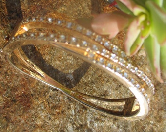80s clamp bangle bracelet, bright gold and rhinestone classy bling plate (?), stamped signature BR - Banana Republic ?
