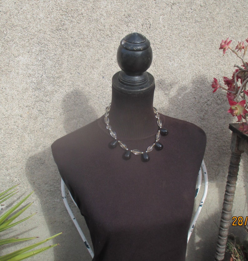 clear oval with translucid purple pendant choker Vintage glass drop necklace 1940s