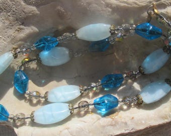 60s Murano or Czech necklace, pale blue opaline glass art beads, transparent turquoise and aurora borealis crystal, delicate strand