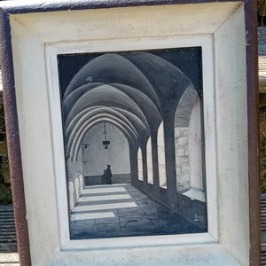 Remarquable dessin ancien en 3 dimensions en couches, cloître d'église avec personnage, effet optique 3D incroyable, à restaurer