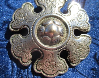 Antique etched brooch, silver tone on brass, ornate stylized floral design with patina