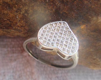 Solid silver heart ring with tiny rhinestones, gift for her, US 7 3/4, interior circumference 56