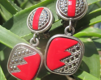 Art deco style clip earrings, 70s does 30s quality red enamel and marcasite drops, Catherine Popesco style
