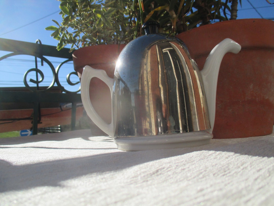 Vintage Insulated Teapot Everhot Style Chrome Covered Ceramic Etsy