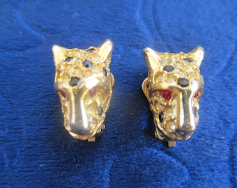80s gold tone leopard clip on earrings with rainbow rhinestones