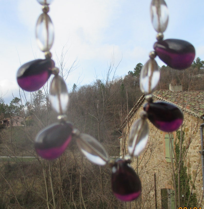 clear oval with translucid purple pendant choker Vintage glass drop necklace 1940s