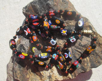 Vintage long millefiori necklace 50s / 60s rectangle handmade beads