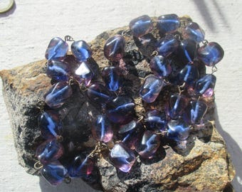 Rare 40s two tone glass necklace, art deco lavender, blue beads on wire, 129 g