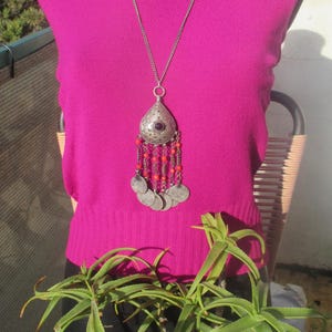 Heavy Amazigh / Moroccan amulet pendant with coin dangles, enamel and glass beads, deep patina, does not test as silver.