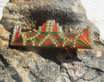 Large Pierre Bex style brooch, long wide abstract enamel and rhinestone