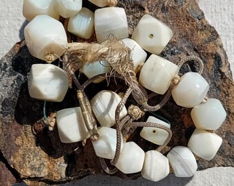 Big old agate beads for restringing, 1950s faceted white grey striped, with some original cord