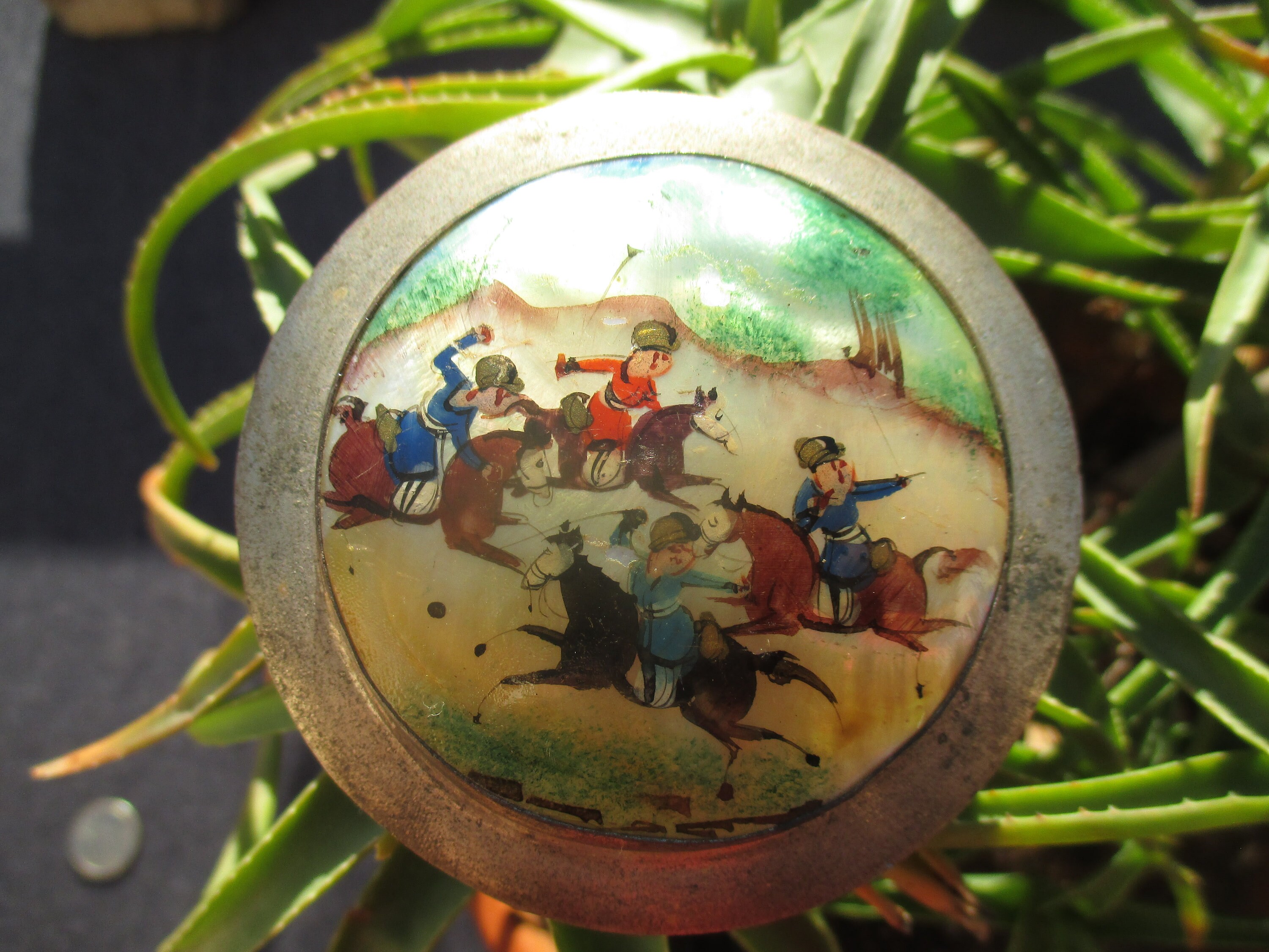 Peinture Miniature Orientale | Rajasthan? sur Nacre, Poudre Métallique Ronde ou Boîte à Bibelots, Ca