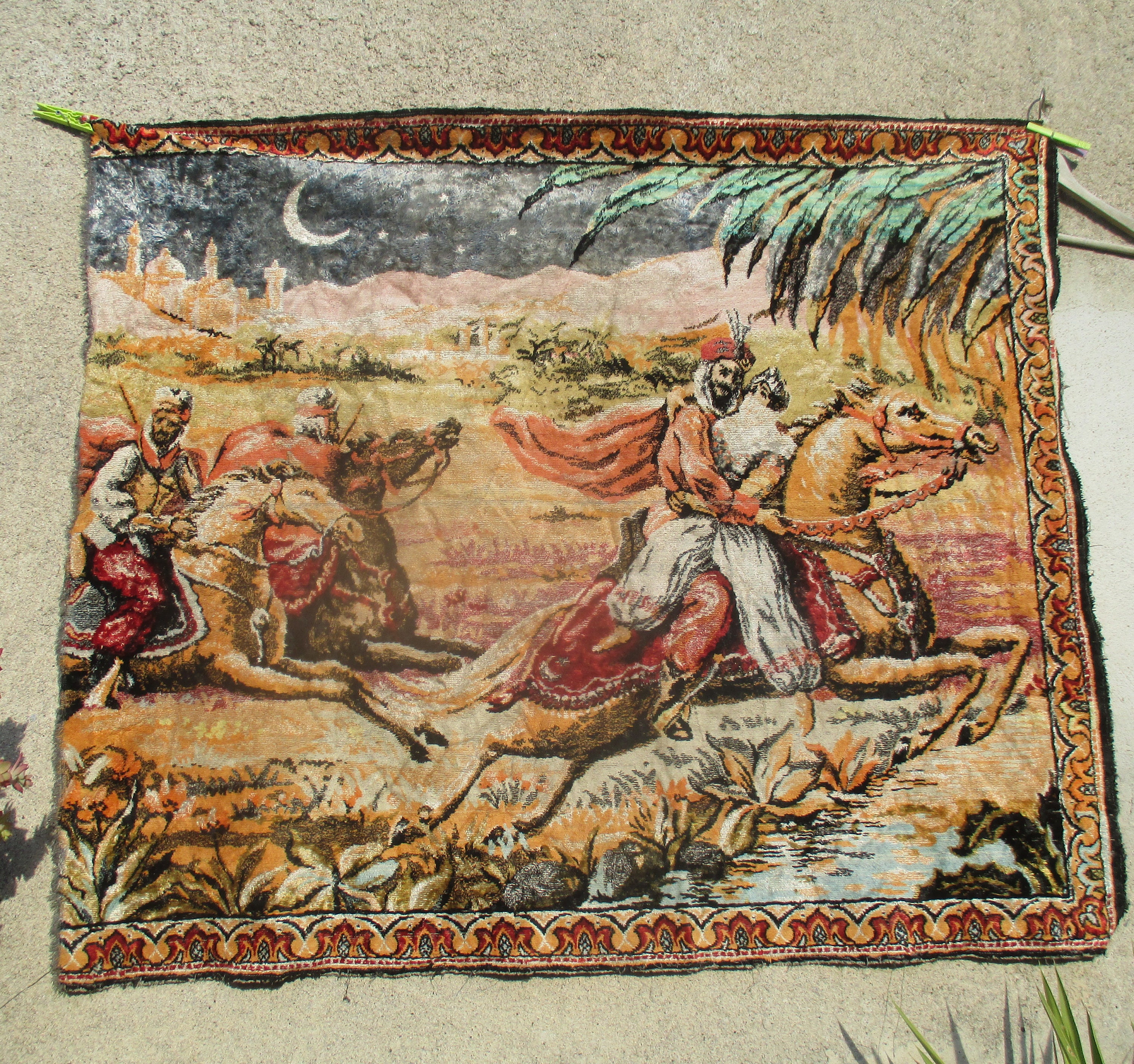 Tapisserie de Tapis Velours Orientaliste Vintage, Pendaison Arabe Peluche - Enlèvement Cavaliers, Mo