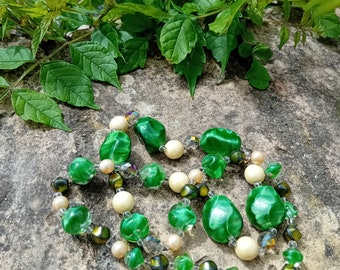 Green Murano style beaded necklace, handmade sommerso glass,  faux pearl,  aurora crystal and iridescent opaque green glass