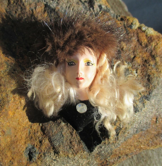 90s Womans Head Brooch Real Fur Hat Long Blonde Hair Etsy