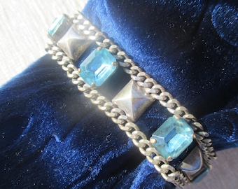 Gorgeous chain bracelet with cut glass crystal aquamarine stones, worn silver tone on brass, lovely patina
