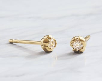 Diamond Earrings Studs Rose Earrings Tiny Floral Studs Flower Earrings Petite Unique Minimal 14k , 18k Gold (White/Yellow/Rose) or Platinum