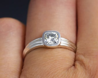 Cushion Cut Engagement Ring, Moissanite Engagement Ring, Bezel Set Engagement Ring Modern Engagement Ring in 14k, 18k Gold or Platinum