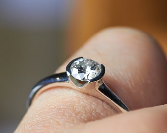 Forever Brilliant Moissanite Ring Half Bezel Set Ring Modern Minimal Elegant Wedding Promise Ring Ethical Silver, 14k, 18k Gold or Platinum