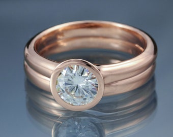 Bridal Set 6.5mm Forever One Moissanite Bezel Engagement Ring & Wedding Band - Bridal Wedding Set in 14k Gold or Platinum