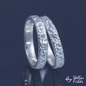 Tiny Canadian Diamond Ring Set Wedding Ring Set Textured Band Modern Ring Set Unique Stack Ring Sterling Silver, 14k / 18k Gold, Platinum