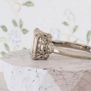 Vintage Inspired Engagement Ring Emerald Cut Unique Chevron Intricate Sculpted Foliage Nature Heirloom Solitaire Victorian Edwardian OOAK