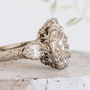 Pear Engagement Ring Three Stone Diamond Nature Inspired Vintage Engagement Ring Florals Leaves Heirloom Edwardian Victorian