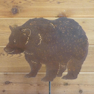 Bear Garden Stake - Laser-Cut Design, Natural Rust Finish