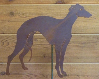 Estaca de jardín Whippet - Diseño cortado con láser, acabado de óxido natural