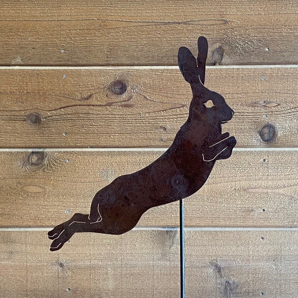 Upward Leaping Rabbit Garden Stake - Laser-Cut Design, Natural Rust Finish