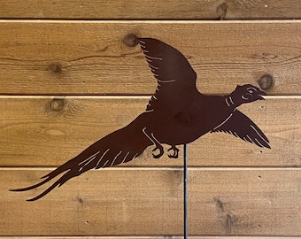 Flying Pheasant Garden Stake - Laser-Cut Design, Natural Rust Finish