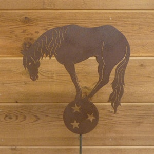 Balancing Horse on Ball Garden Stake - Laser-Cut Design, Natural Rust Finish