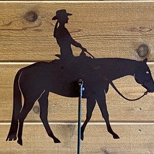 May include: Silhouette of a person riding a horse, cut from metal and mounted on a metal stand. The silhouette is black and the stand is silver.