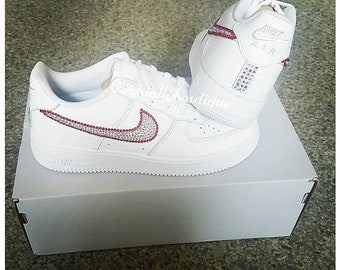 Red and Clear Junior Swarovski & Rhinestone Customised Nike Air Force Ones White size 3 4 5 5.5 UK Brand New!