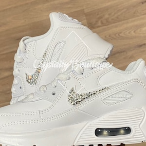 Junior Customised Tick w/ Swarovski & Rhinestone Nike Air Max 90 White size 3 4 5 5.5 UK Brand New!