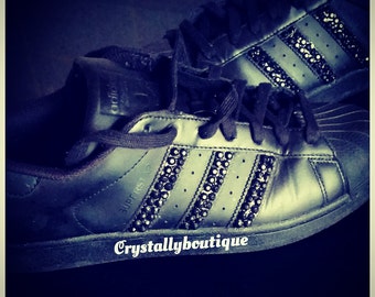 Junior Adidas Superstar Customised Bling using Black Crystals size 3 - 4- 5- 5.5 UK