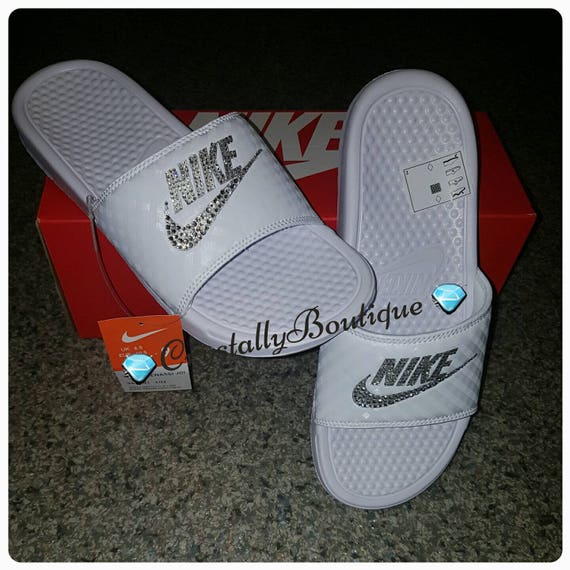 White Customised Nike Benassi Slides Sandle Shoes With Clear