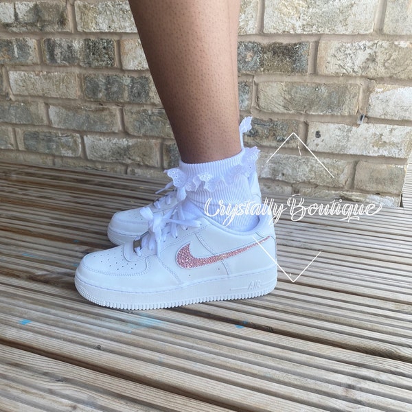 Junior Nike Air Force Ones White customised with Pink Swarovski & Rhinestone Crystals size 3-5.5uk Brand New!