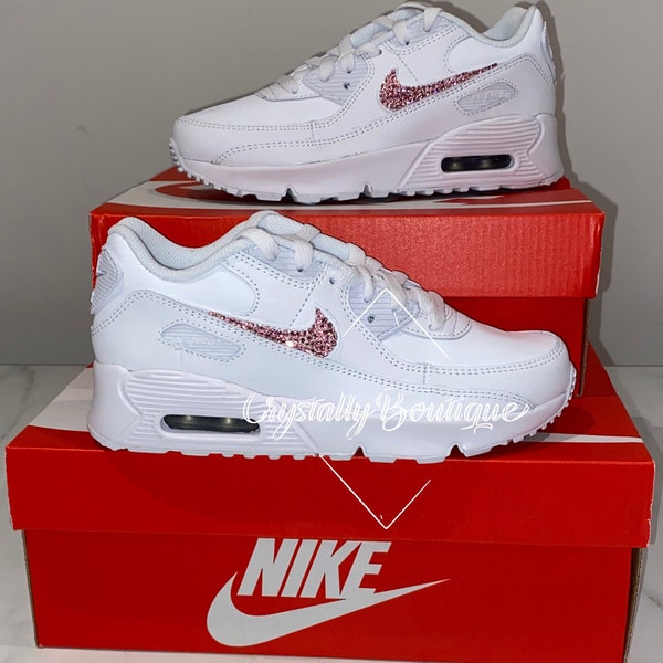 Junior Pink Customised Tick w/ Swarovski & Rhinestone Nike Air Max 90 White size 3 4 5 5.5 UK Brand New!